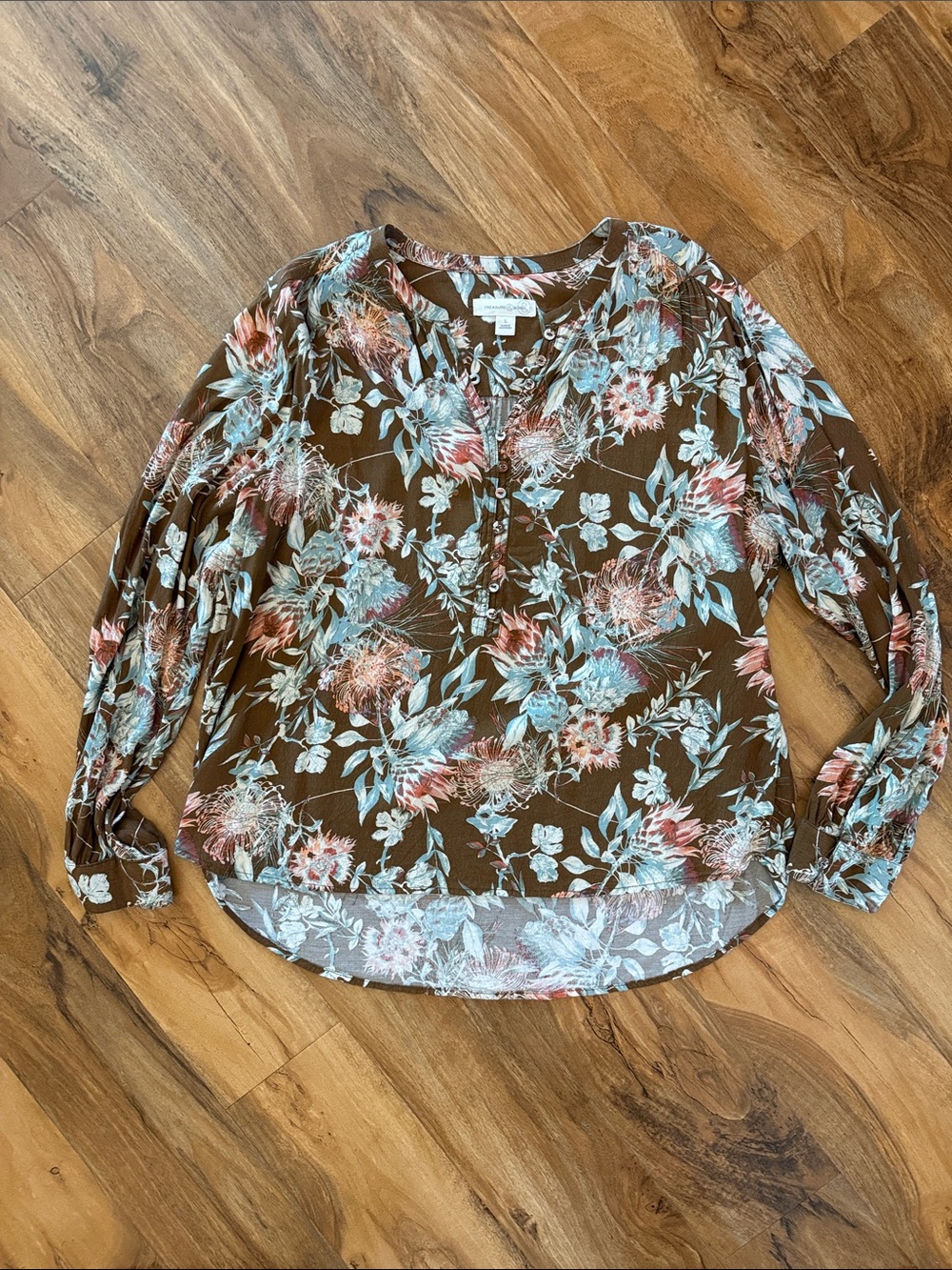 Treasure & Bond Brown Floral Long-Sleeve Blouse - Size L